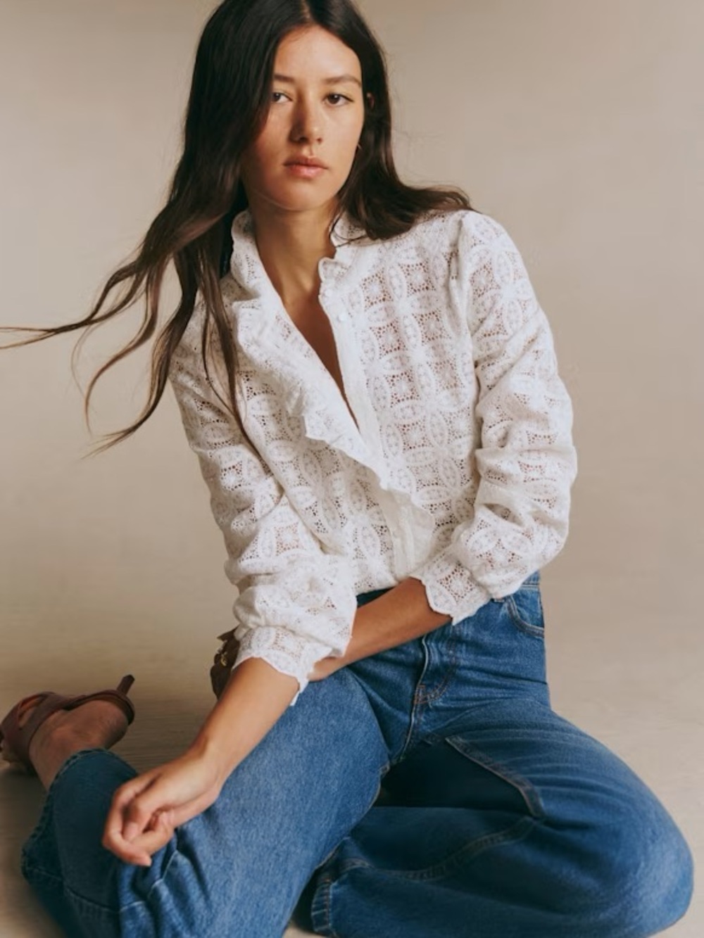 Sezane Chlo Shirt Ecru White Lace Ruffle Button-Front Blouse